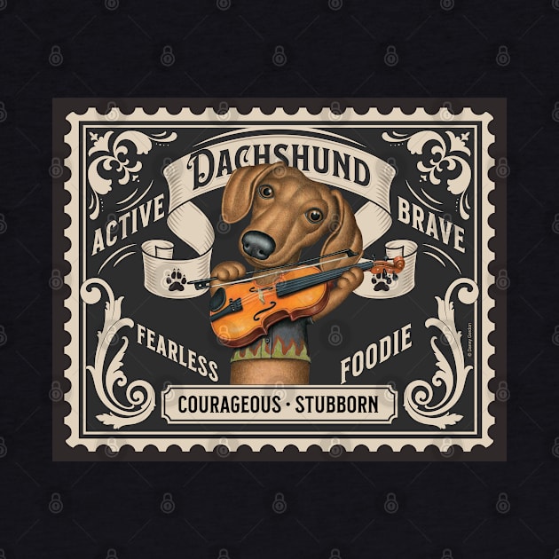 Cute Dachshund playing violin on classic stamp design by Danny Gordon Art